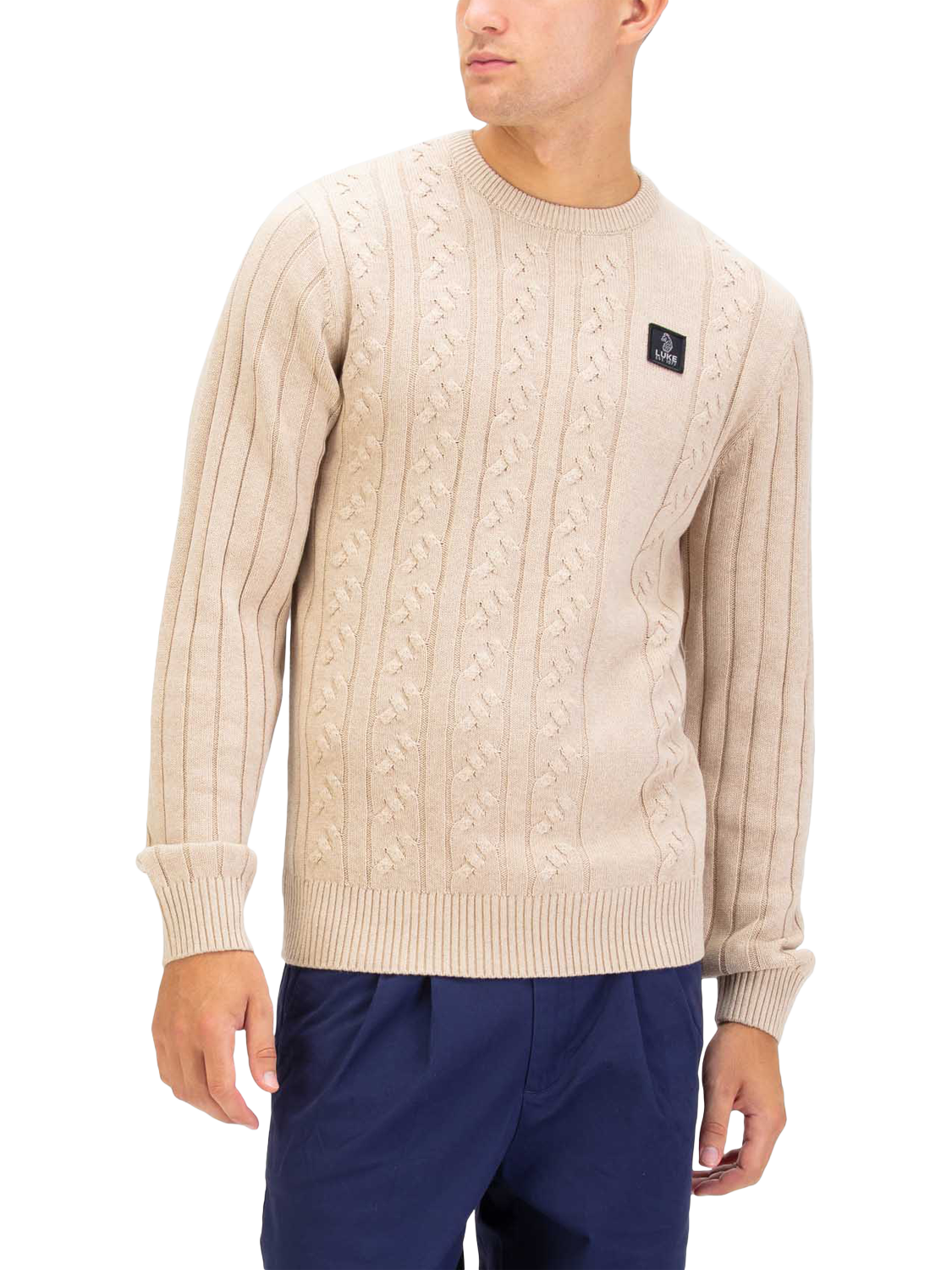 Product image 1 of 6, which shows LUKE 1977 Mitcham Cable Knit Jumper, Stone, S