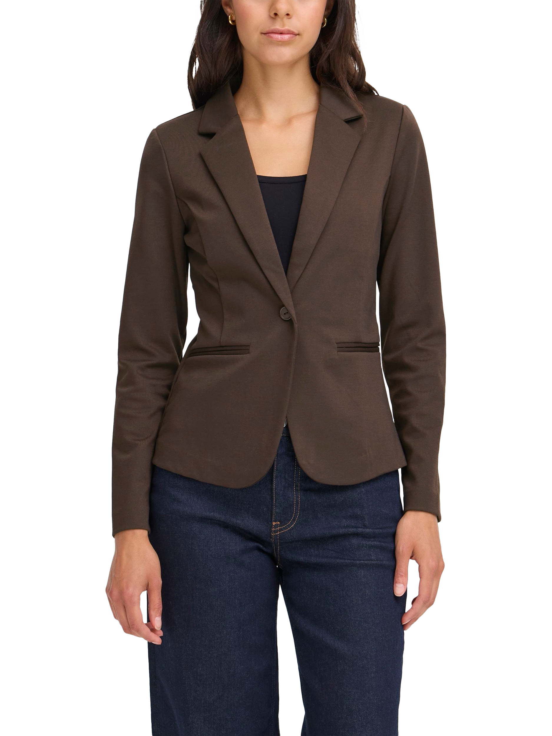 Product image 1 of 4, which shows ICHI Kate Single Breasted Blazer, Chocolate Torte, XS