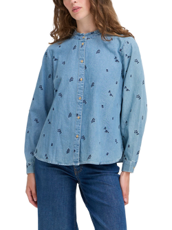 ICHI Archer Cotton Floral Long Sleeve Collar Shirt, Denim Light Blue
