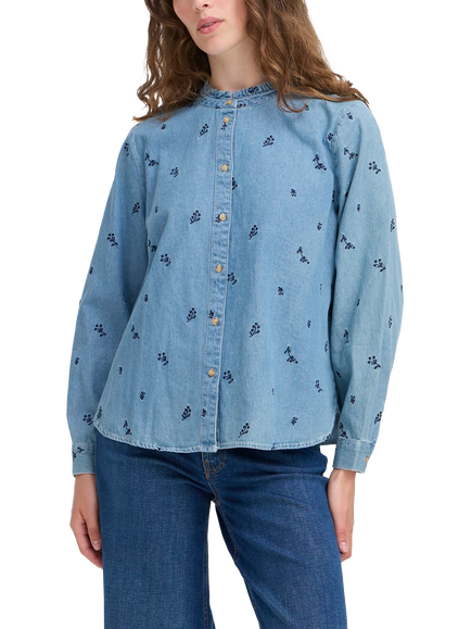 ICHI Archer Cotton Floral Long Sleeve Collar Shirt, Denim Light Blue