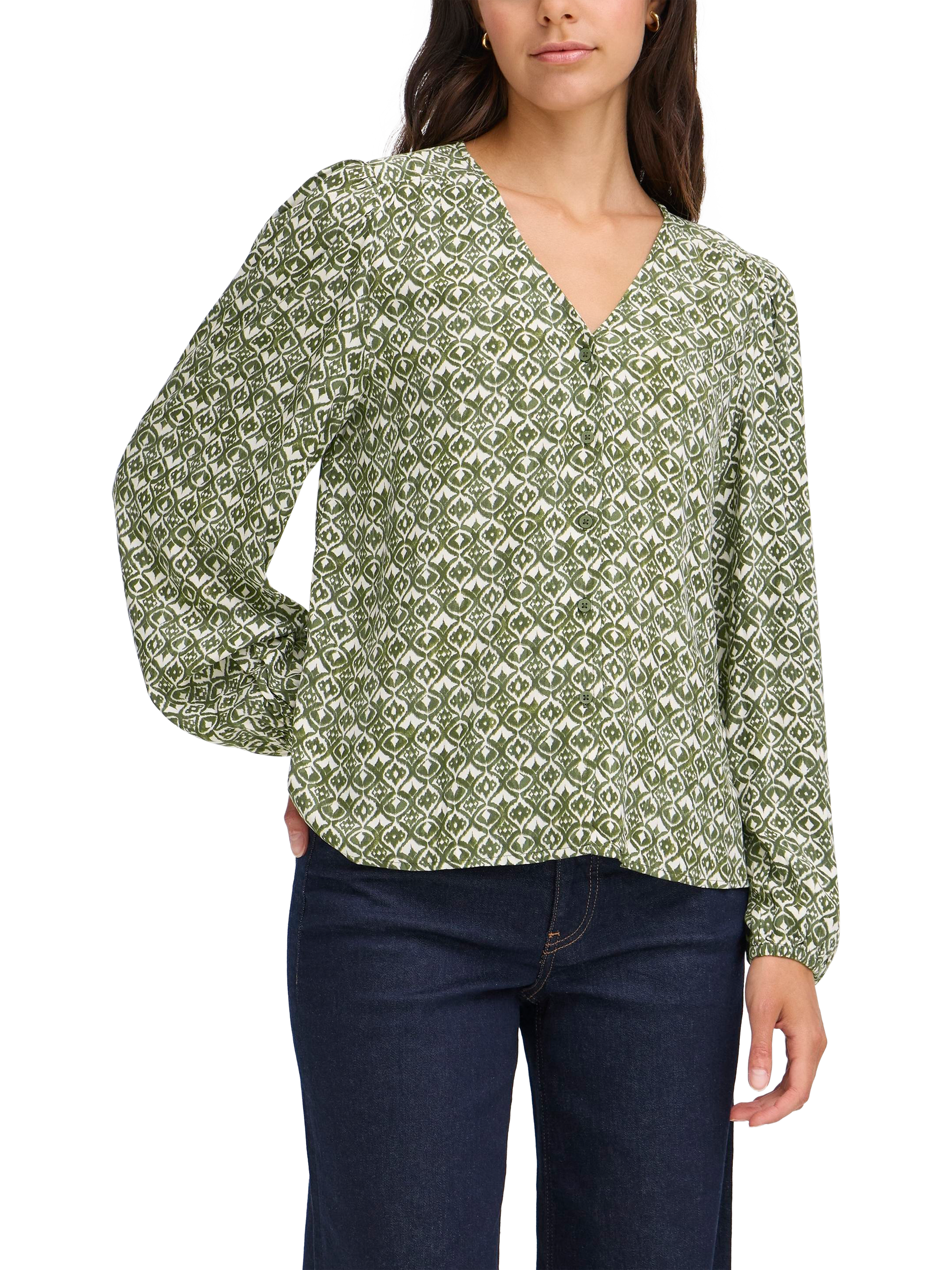 Product image 1 of 7, which shows ICHI Vera Geometric Long Sleeve V Neck Blouse, Green/Multi, 8