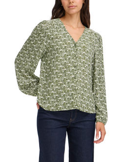 ICHI Vera Geometric Long Sleeve V Neck Blouse, Green/Multi