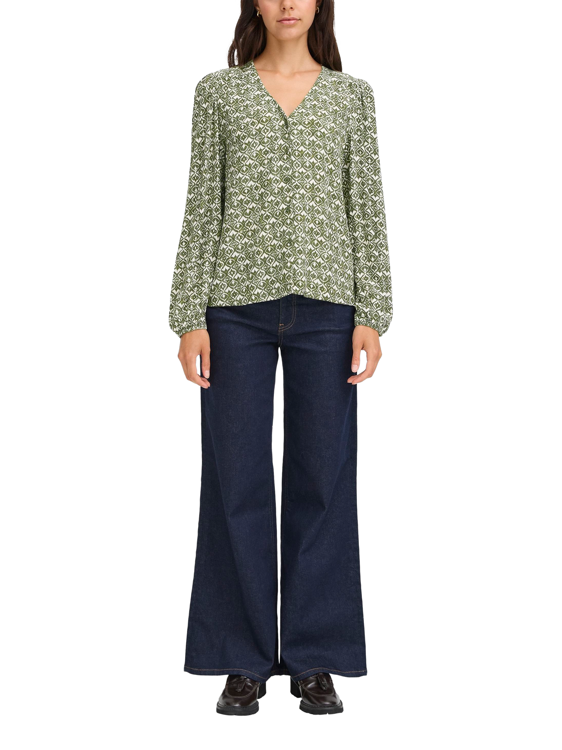Product image 3 of 7, which shows ICHI Vera Geometric Long Sleeve V Neck Blouse, Green/Multi, 8