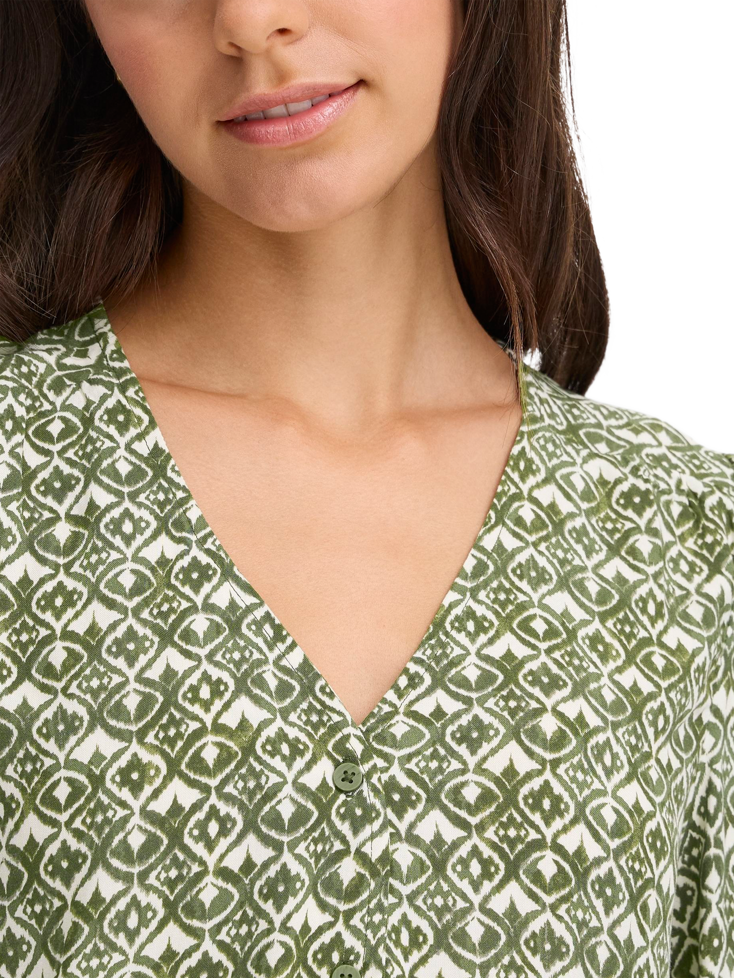 Product image 4 of 7, which shows ICHI Vera Geometric Long Sleeve V Neck Blouse, Green/Multi, 8