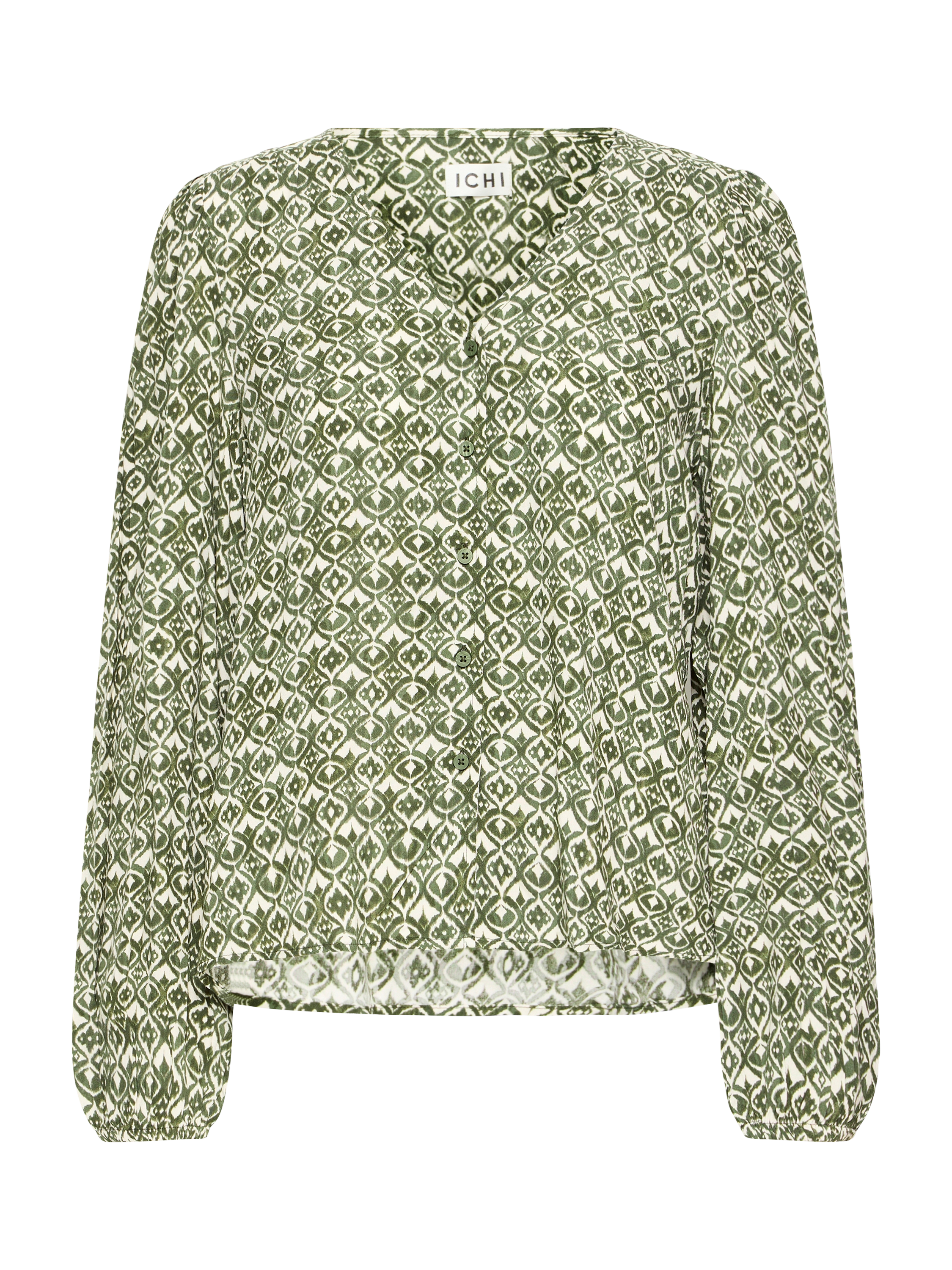 Product image 5 of 7, which shows ICHI Vera Geometric Long Sleeve V Neck Blouse, Green/Multi, 8