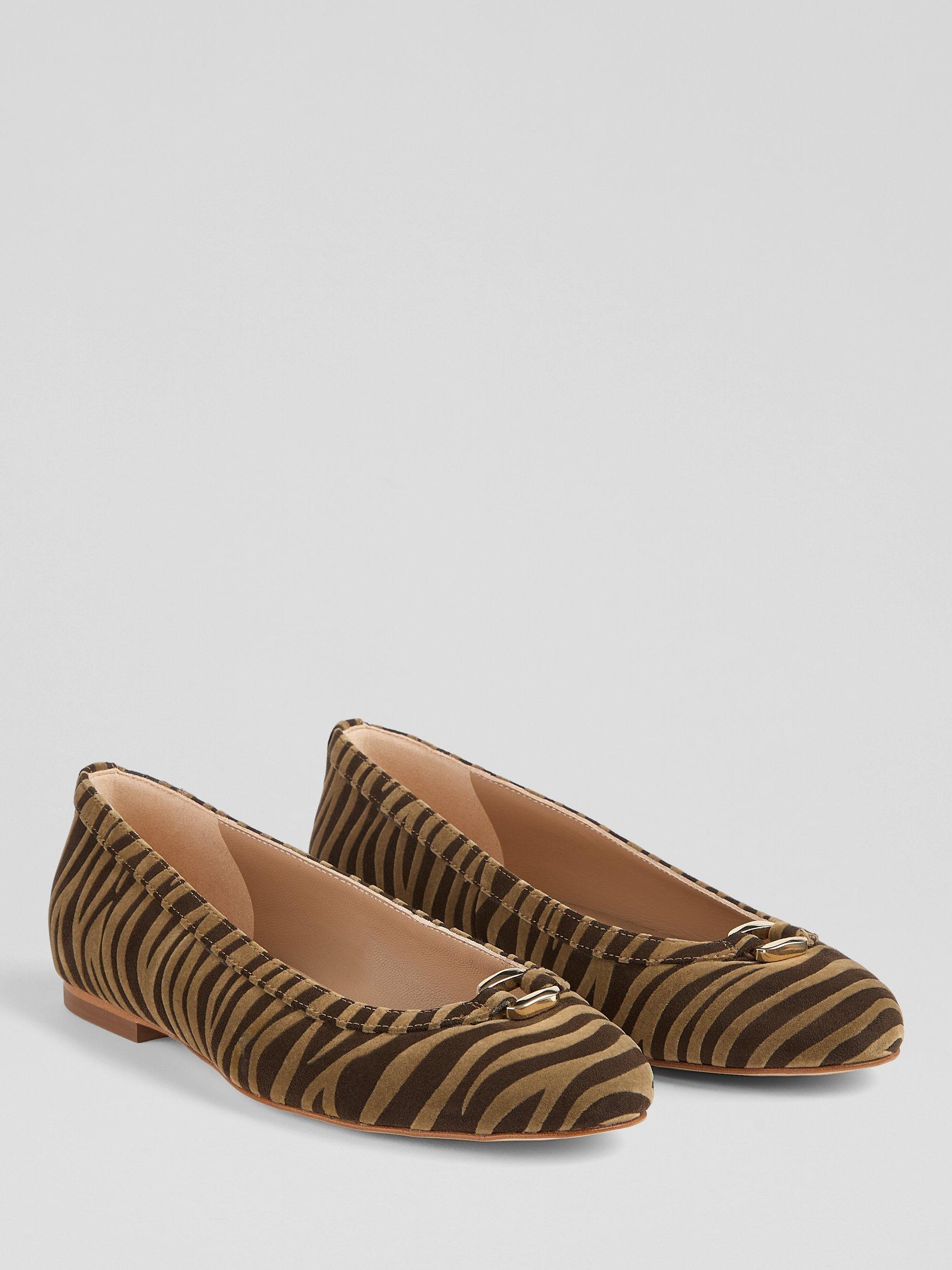 Product image 2 of 3, which shows L.K.Bennett Dollie Microfibre Zebra Print Ballerina Pumps, Multi, 2