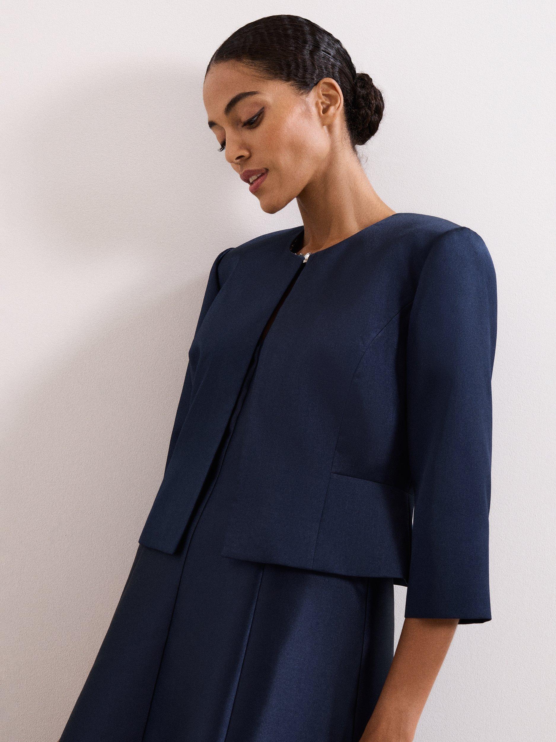 Product image 1 of 8, which shows Phase Eight Judy Collarless Satin Jacket, Navy, 6