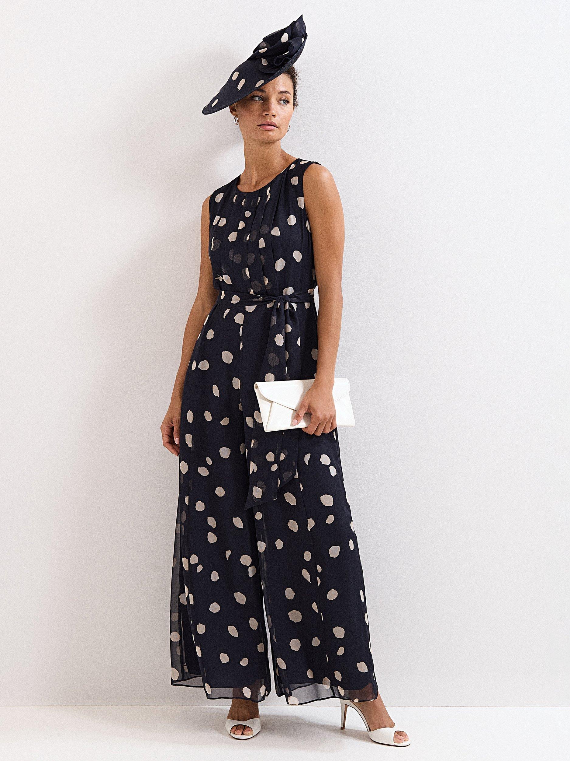 Product image 1 of 8, which shows Phase Eight Petite Maxine Spot Jumpsuit, Navy/Ivory, 6