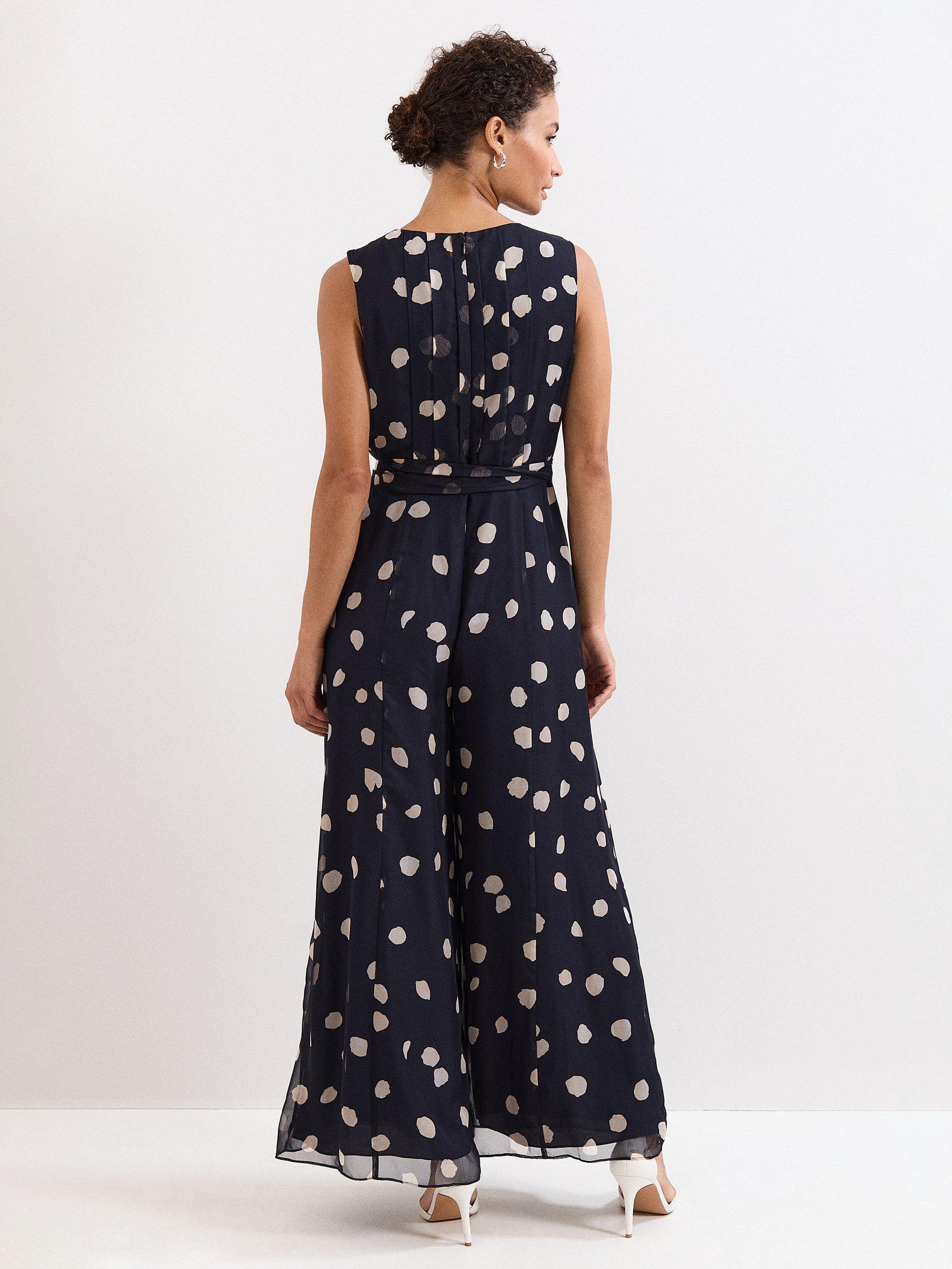 Product image 2 of 8, which shows Phase Eight Petite Maxine Spot Jumpsuit, Navy/Ivory, 6