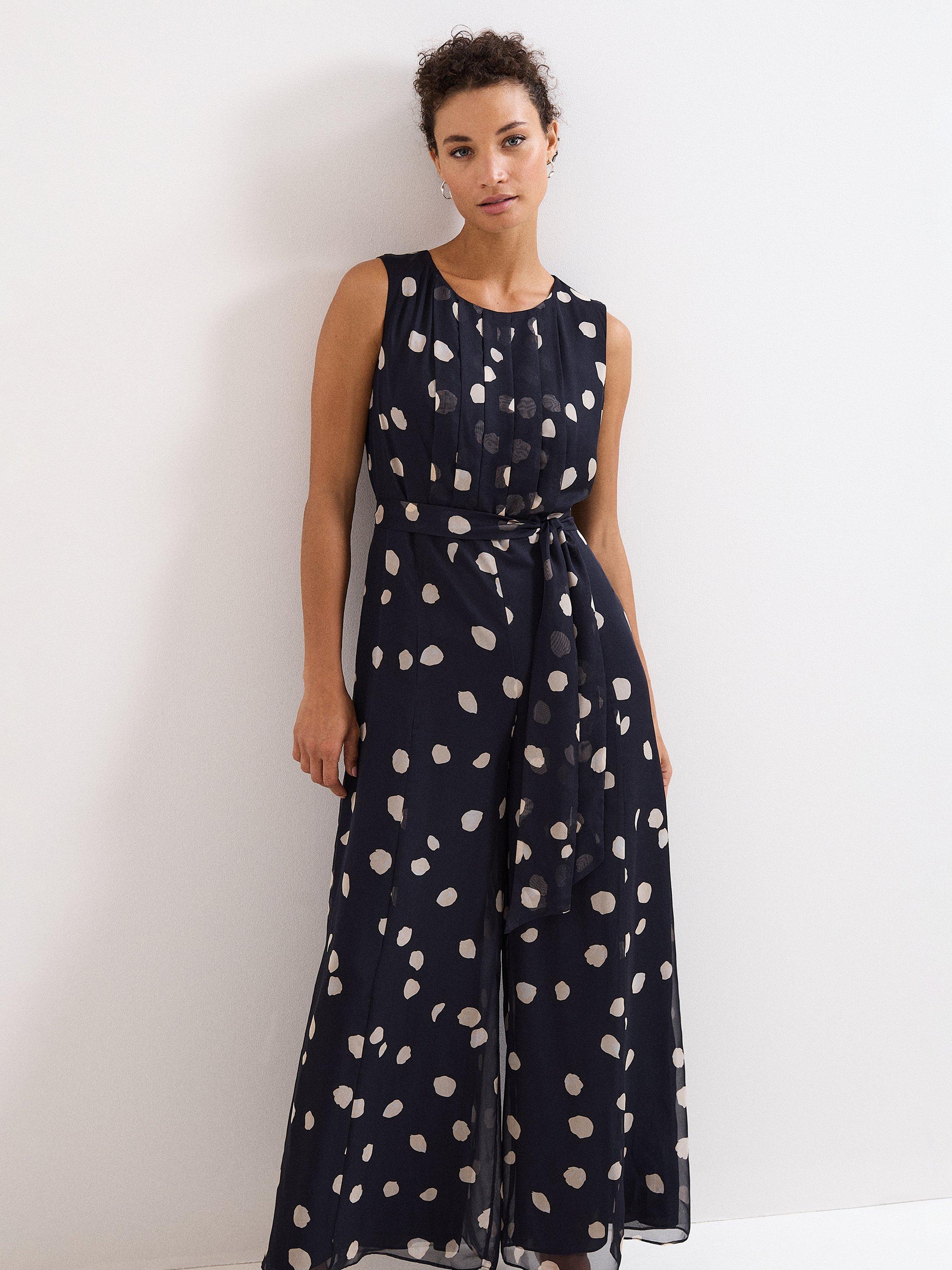 Product image 3 of 8, which shows Phase Eight Petite Maxine Spot Jumpsuit, Navy/Ivory, 6