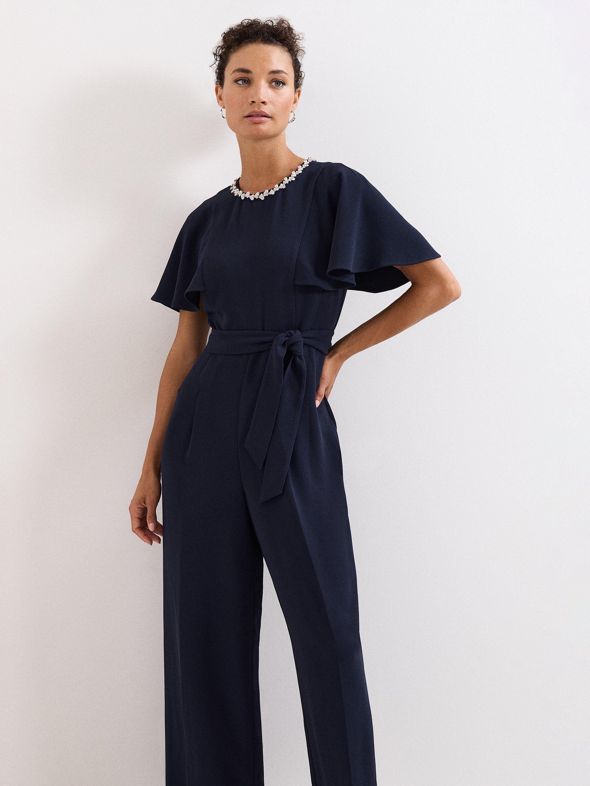 Product image 3 of 7, which shows Phase Eight Petite Orwen Embellished Neck Jumpsuit, Navy, 6