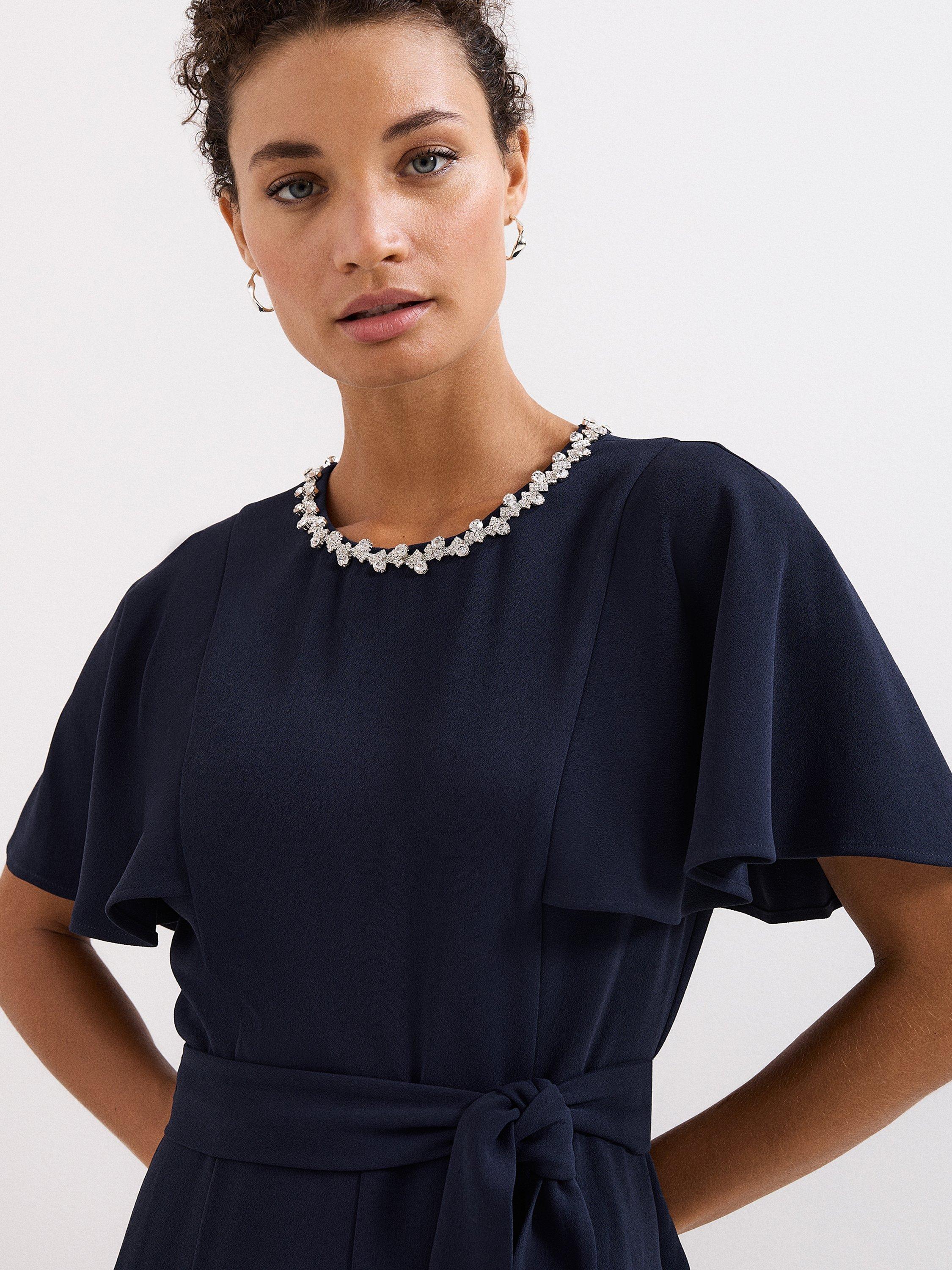 Product image 4 of 7, which shows Phase Eight Petite Orwen Embellished Neck Jumpsuit, Navy, 6
