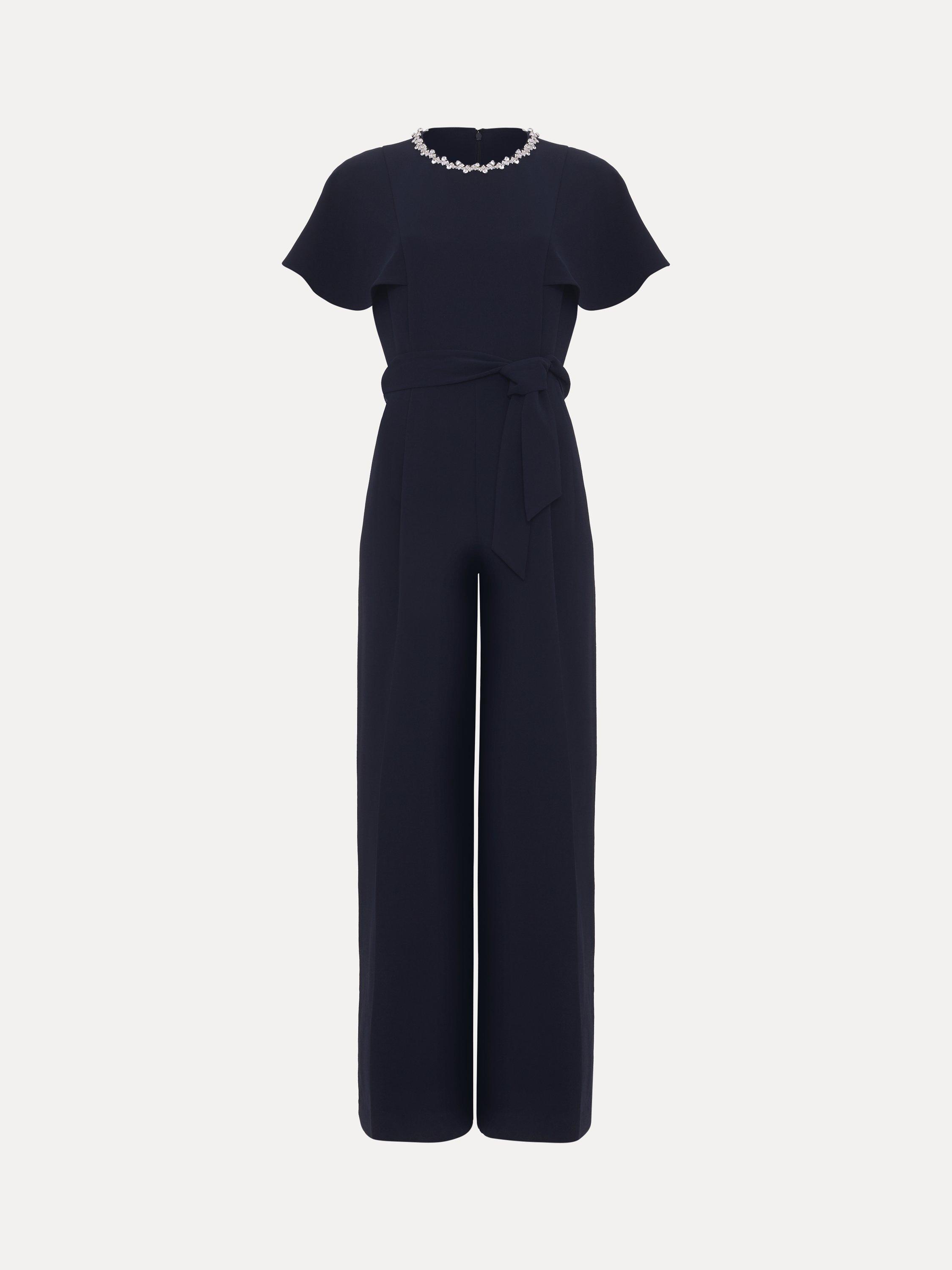 Product image 5 of 7, which shows Phase Eight Petite Orwen Embellished Neck Jumpsuit, Navy, 6