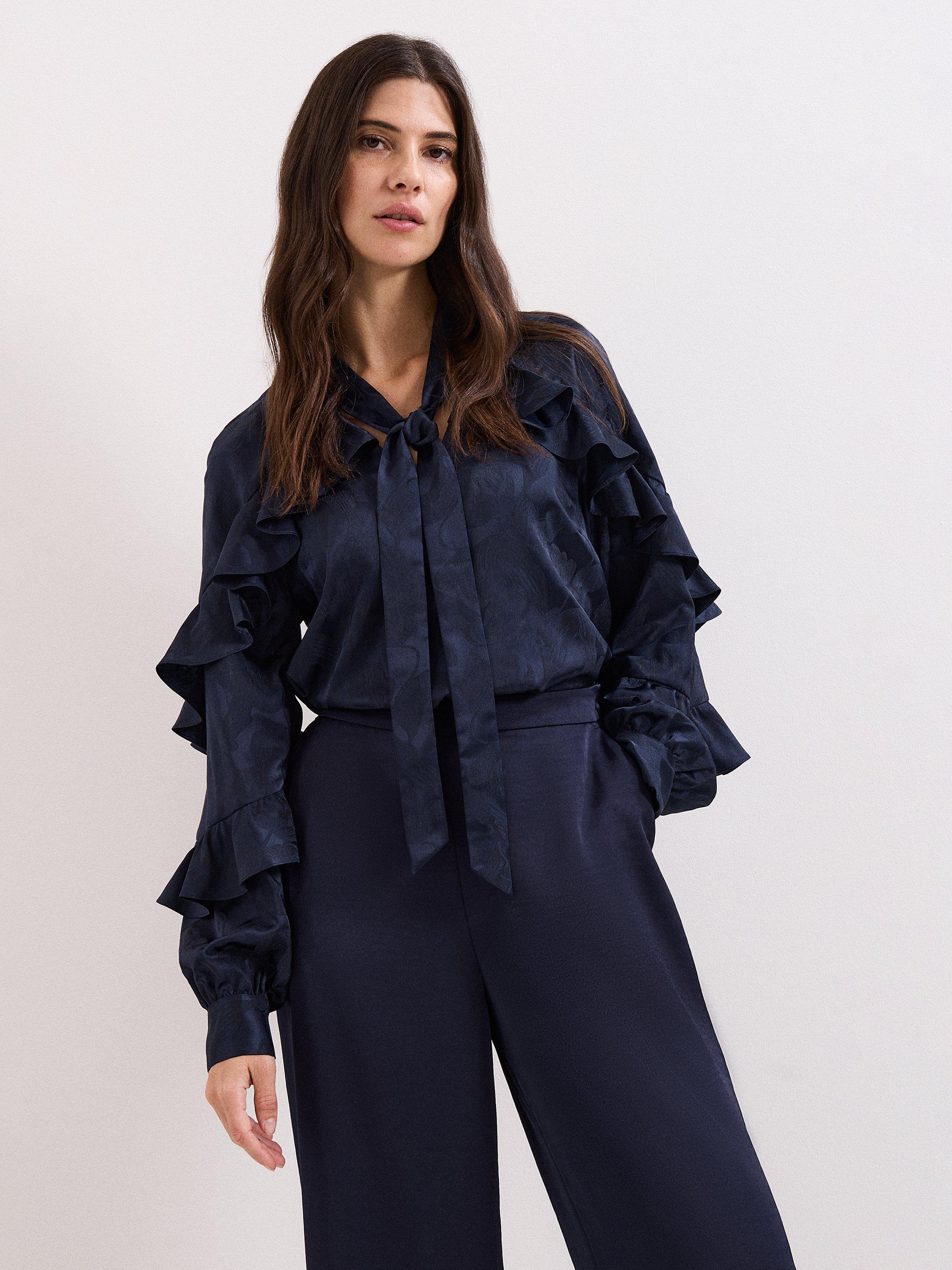 Product image 1 of 9, which shows Phase Eight Liberty Ruffle Blouse, Navy, 8