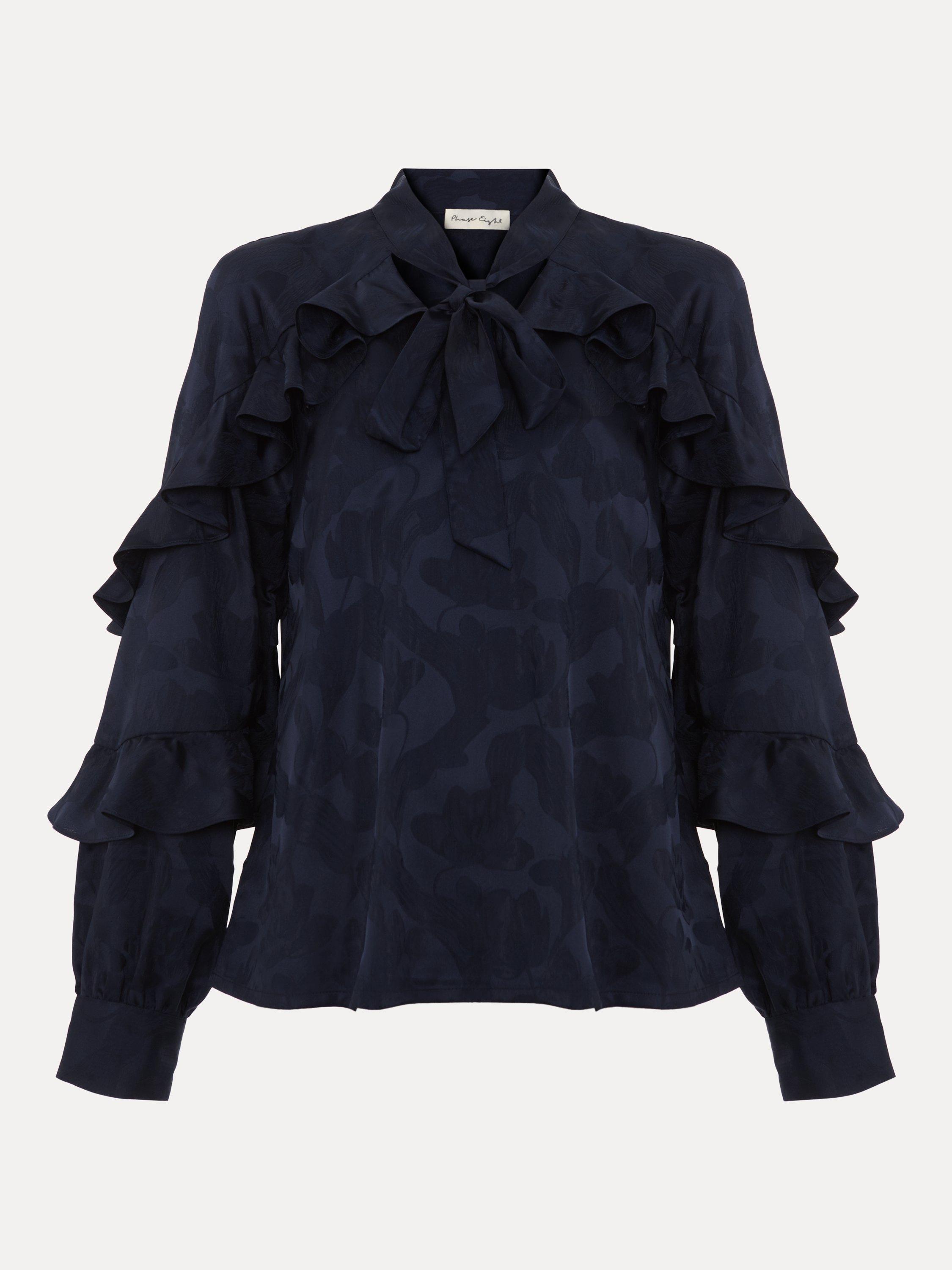 Product image 5 of 9, which shows Phase Eight Liberty Ruffle Blouse, Navy, 8
