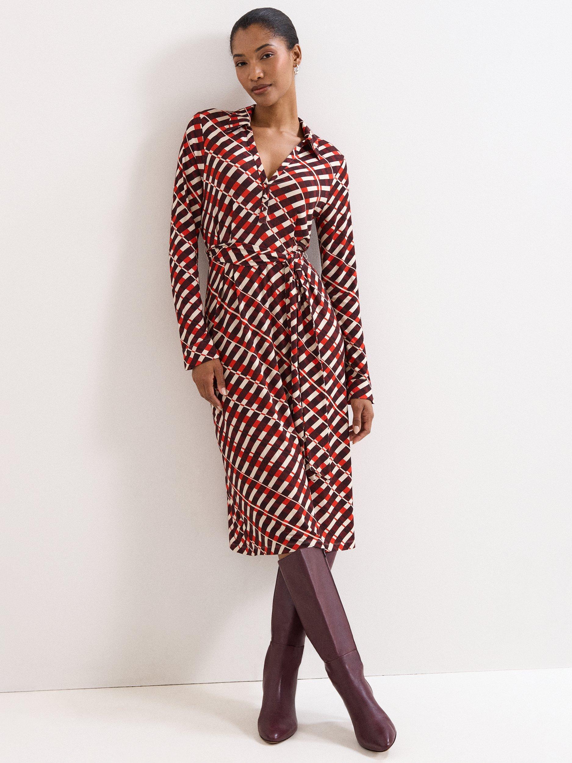 Product image 1 of 9, which shows Phase Eight Check Long Sleeve Midi Dress, Multi, 6