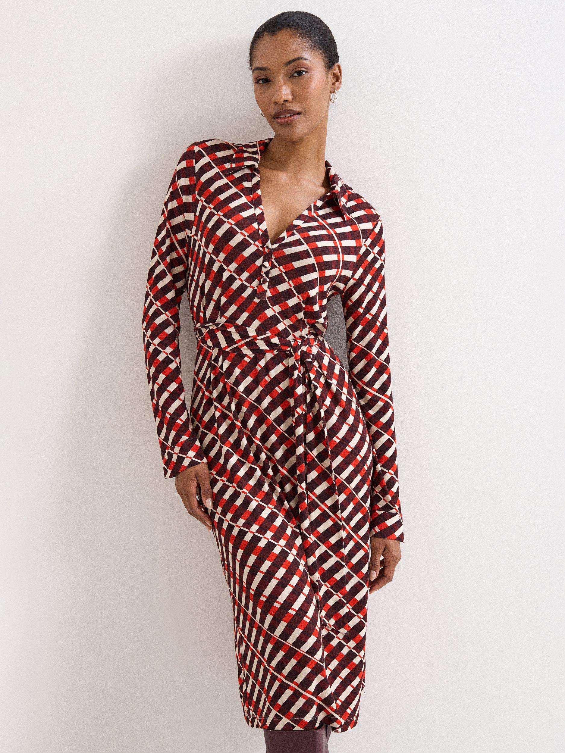 Product image 3 of 9, which shows Phase Eight Check Long Sleeve Midi Dress, Multi, 6