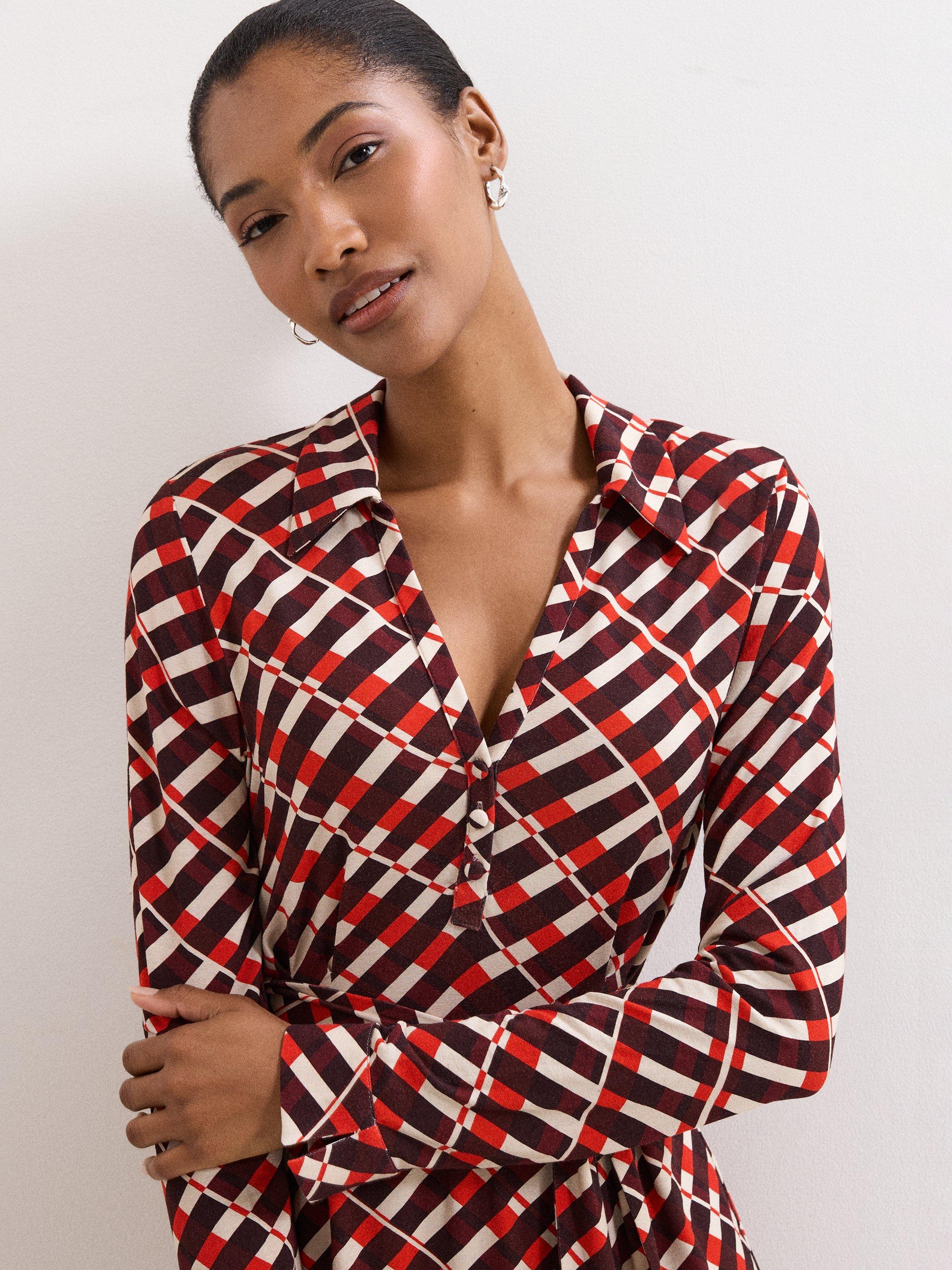 Product image 4 of 9, which shows Phase Eight Check Long Sleeve Midi Dress, Multi, 6