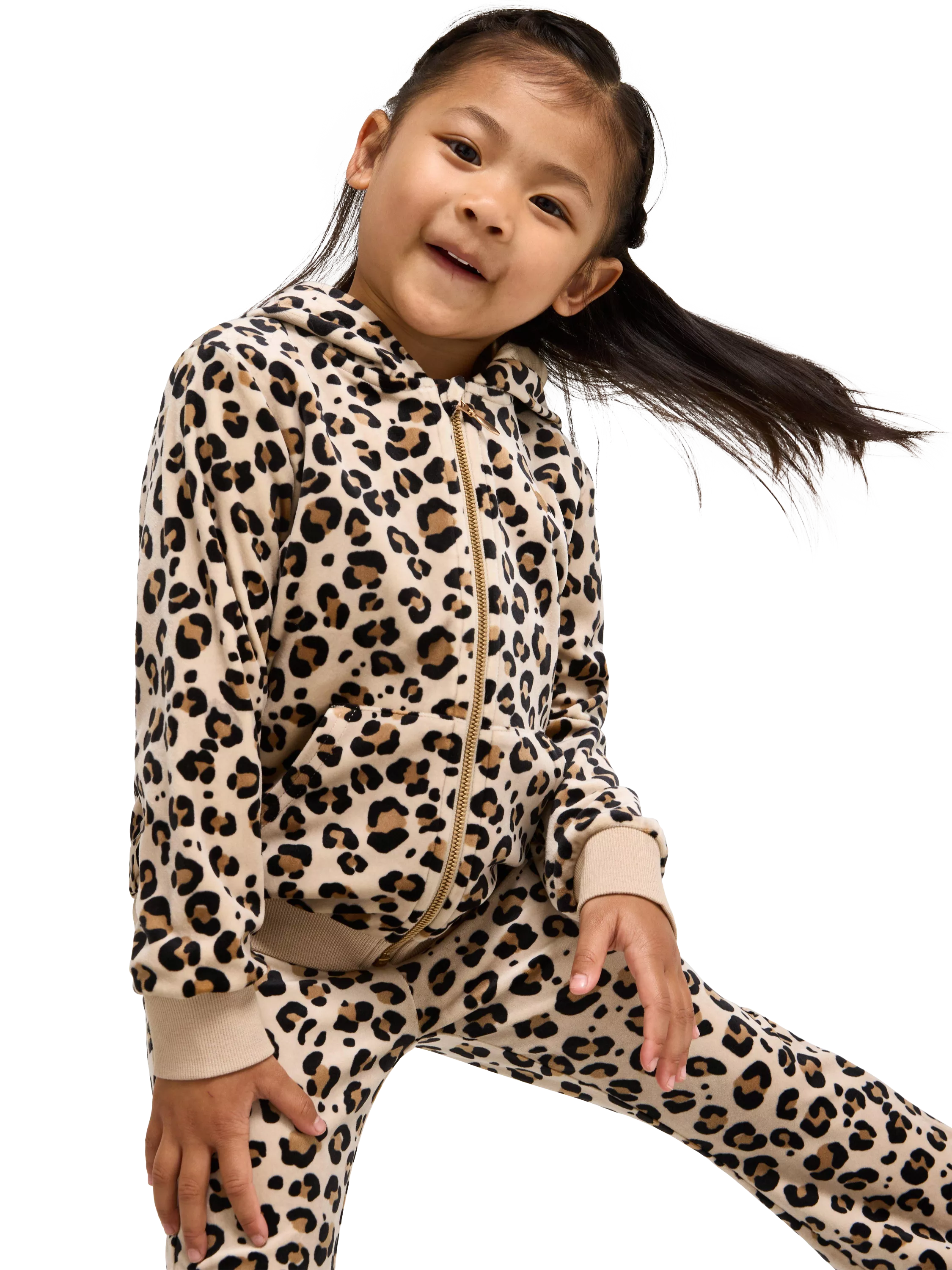 Lindex Kids' Velour Zipped Leopard Print Hoodie, Beige