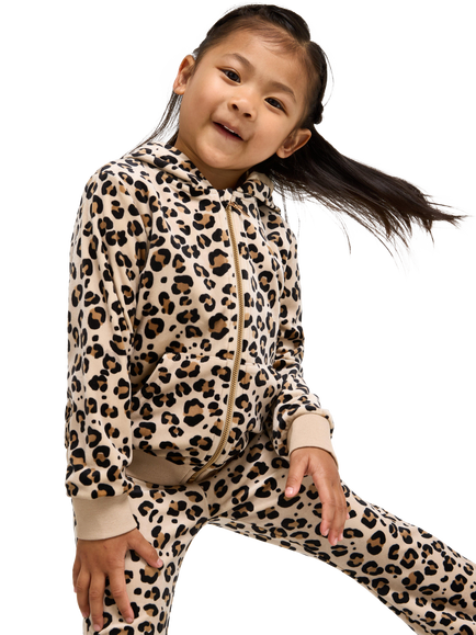 Lindex Kids' Velour Zipped Leopard Print Hoodie, Beige, Beige