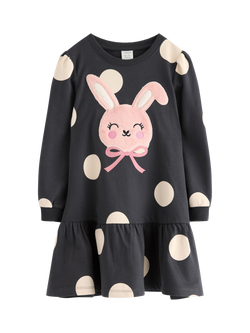 Lindex Kids' Cotton Bunny Sweatshirt Dress, Dark Dusty Grey