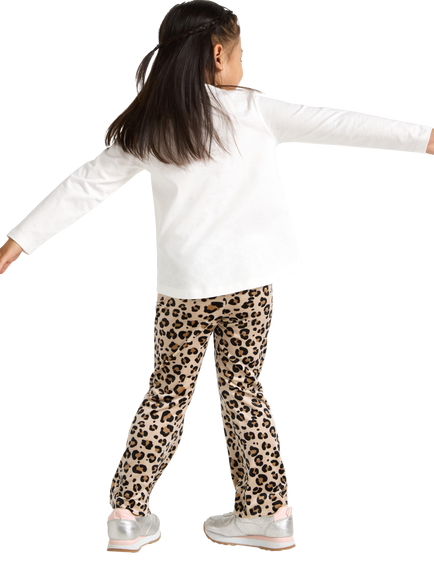 Lindex Kids' Velour Leopard Print Flared Leggings, Beige - view 2, Beige