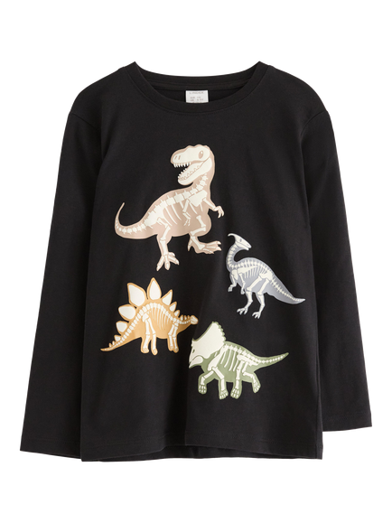 Lindex Kids' Cotton Long Sleeved Glow In The Dark T-Shirt, Black, Black