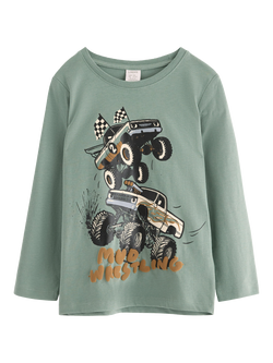 Lindex Kids' Cotton Long Sleeved Truck Print T-Shirt, Light Dusty Green, Light Dusty Green