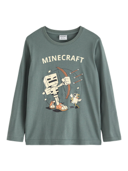 Lindex Kids' Cotton Long Sleeved Minecraft T-Shirt, Dusty Green, Dusty Green