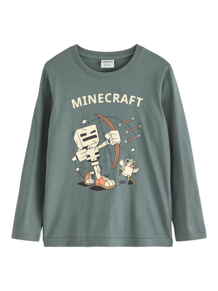 Lindex Kids' Cotton Long Sleeved Minecraft T-Shirt, Dusty Green, Dusty Green