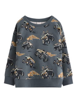 Lindex Kids' Cotton Blend Relaxed Truck Print Sweatshirt, Dark Grey, Dark Grey