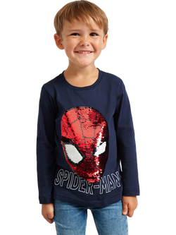 Lindex Kids' Cotton Sequin Spiderman T-Shirt, Dark Navy, Dark Navy