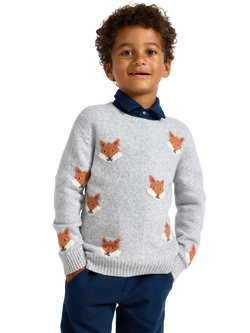 Lindex Kids' Cotton Blend Crew Neck Fox Jumper, Light Grey Melange, Light Grey Melange