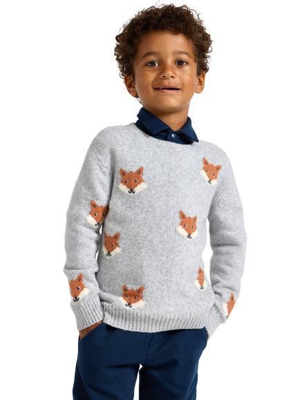 Lindex Kids' Cotton Blend Crew Neck Fox Jumper, Light Grey Melange, Light Grey Melange