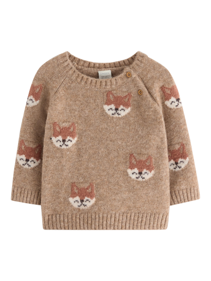 Lindex Baby Knitted Fox Jumper, Beige Melange, Beige Melange