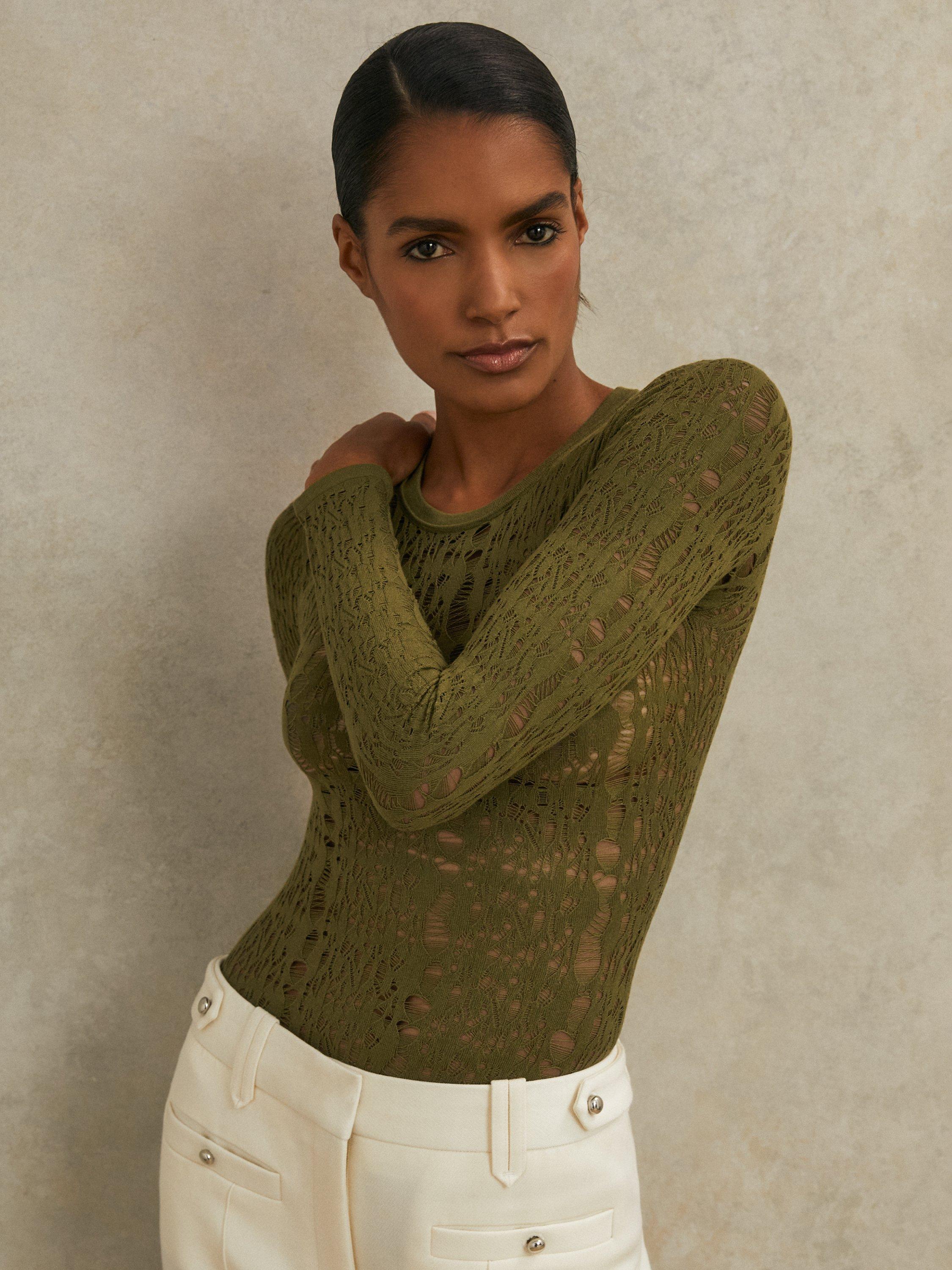 Product image 1 of 5, which shows Reiss Atelier Frances Textured Bodysuit, Green, XS