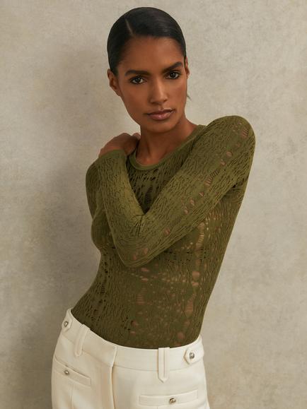Reiss Atelier Frances Textured Bodysuit, Green