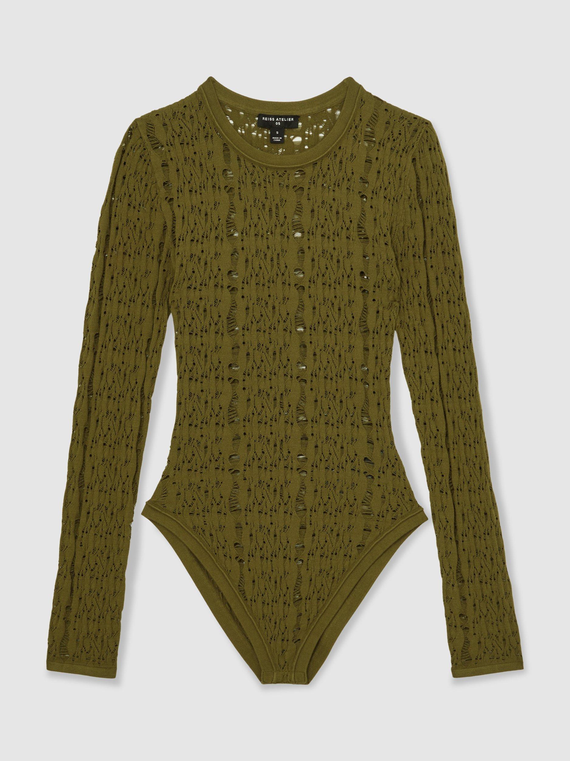Product image 3 of 5, which shows Reiss Atelier Frances Textured Bodysuit, Green, XS