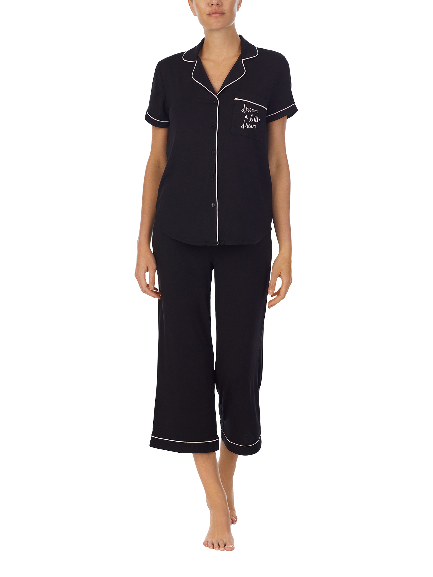 Product image 1 of 4, which shows kate spade new york Dream Button Through Cropped Pyjama Set, Black, XS