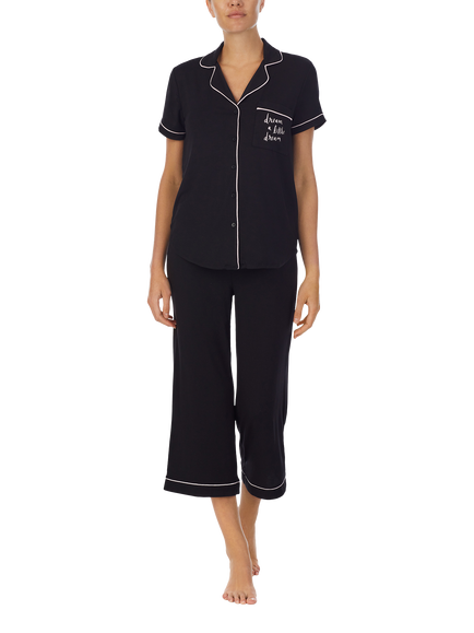 kate spade new york Dream Button Through Cropped Pyjama Set, Black, Black