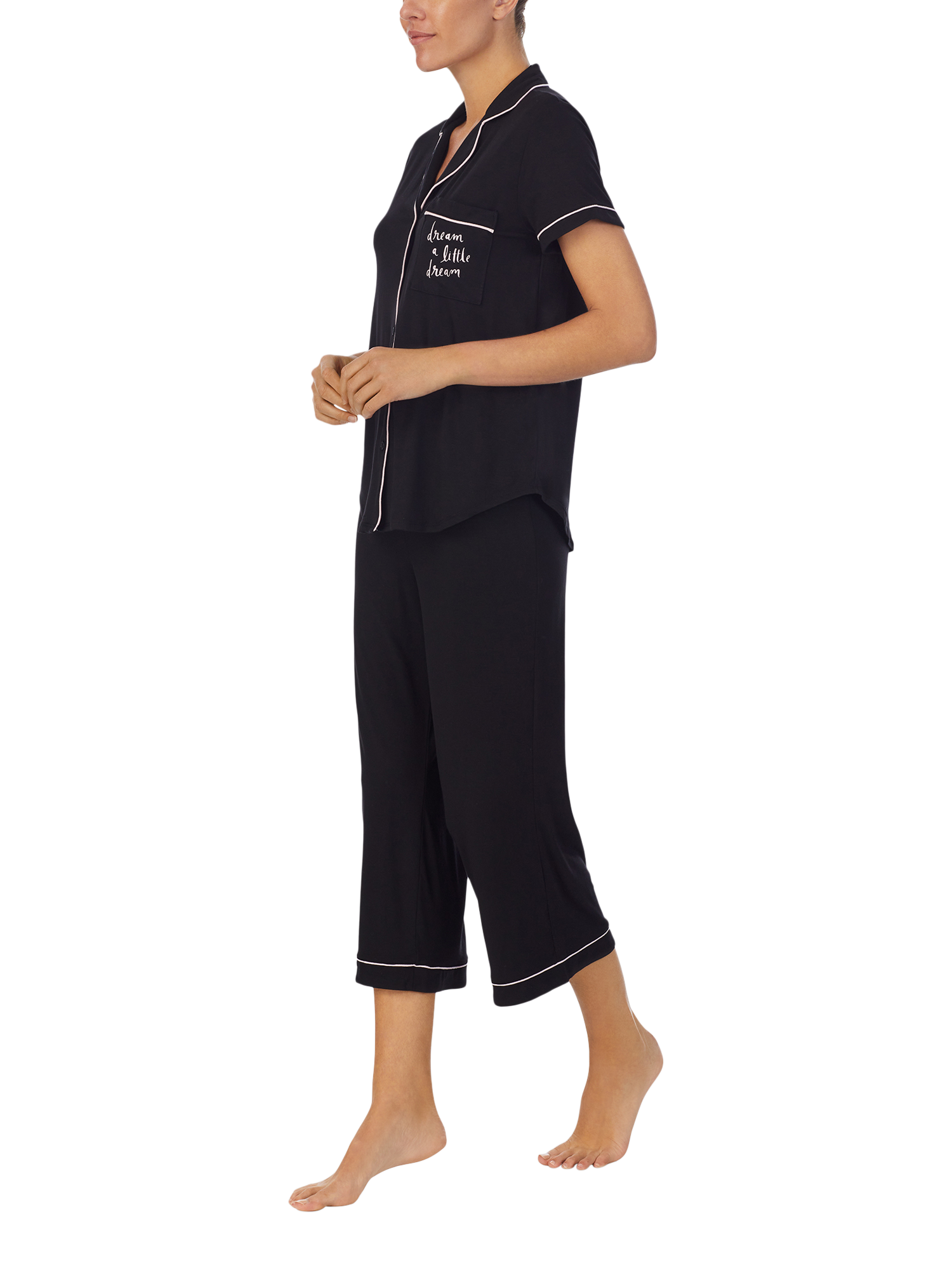 Product image 4 of 4, which shows kate spade new york Dream Button Through Cropped Pyjama Set, Black, XS