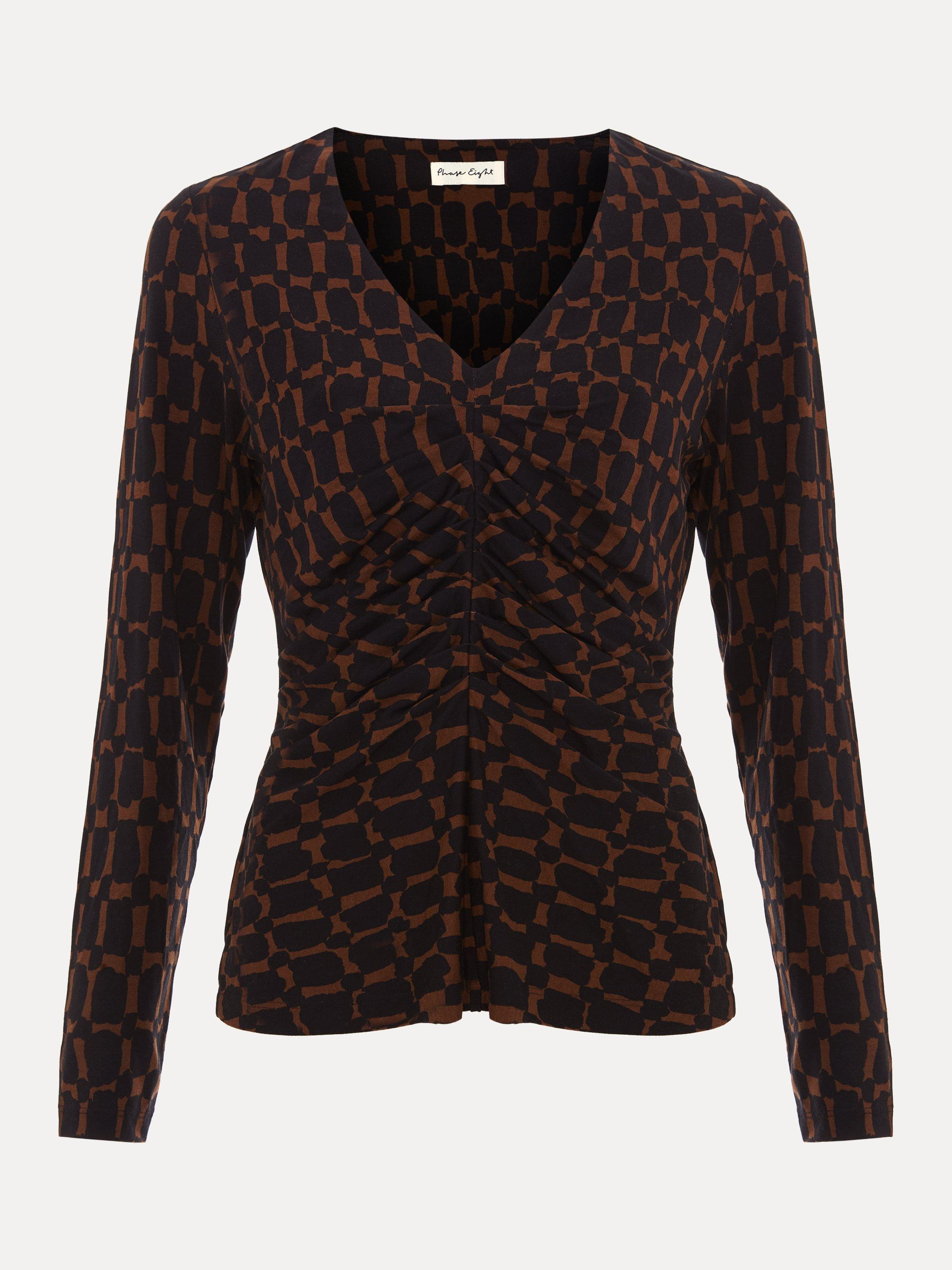 Product image 5 of 8, which shows Phase Eight Brooke Geometric Pleat Detail Top, Brown, 10