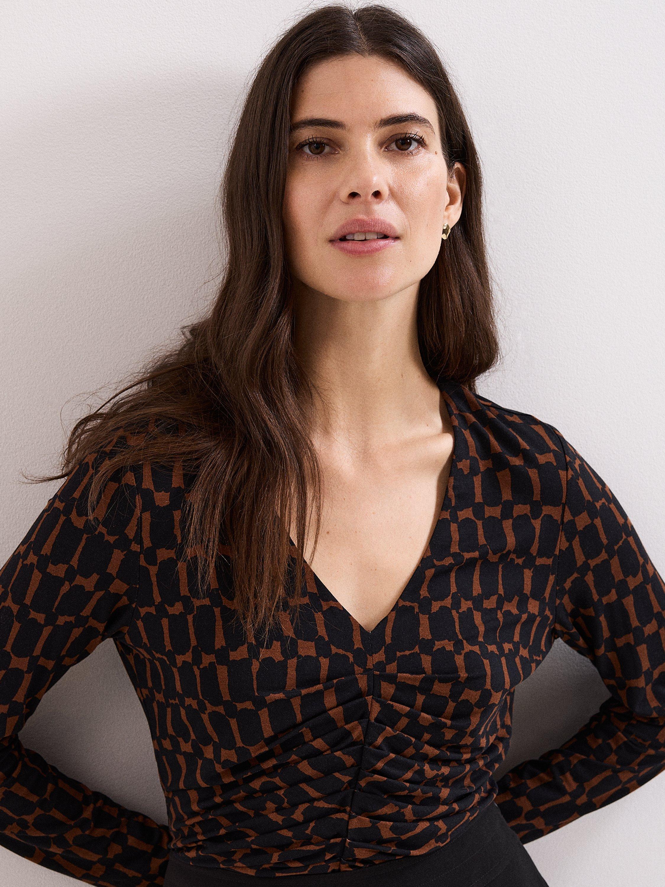 Product image 7 of 8, which shows Phase Eight Brooke Geometric Pleat Detail Top, Brown, 10