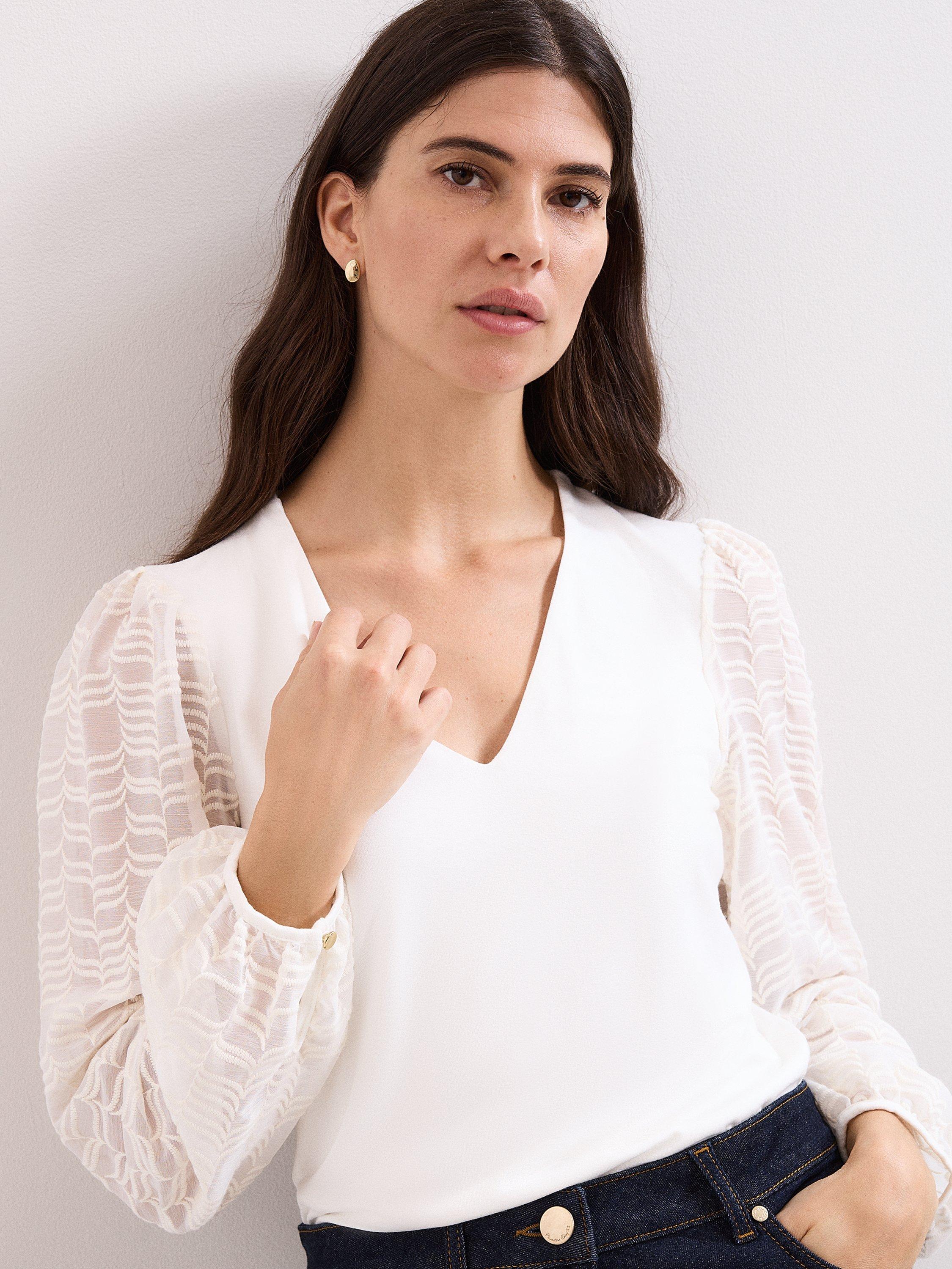 Product image 1 of 8, which shows Phase Eight Palmer Sheer Sleeve Top, Ivory, 8