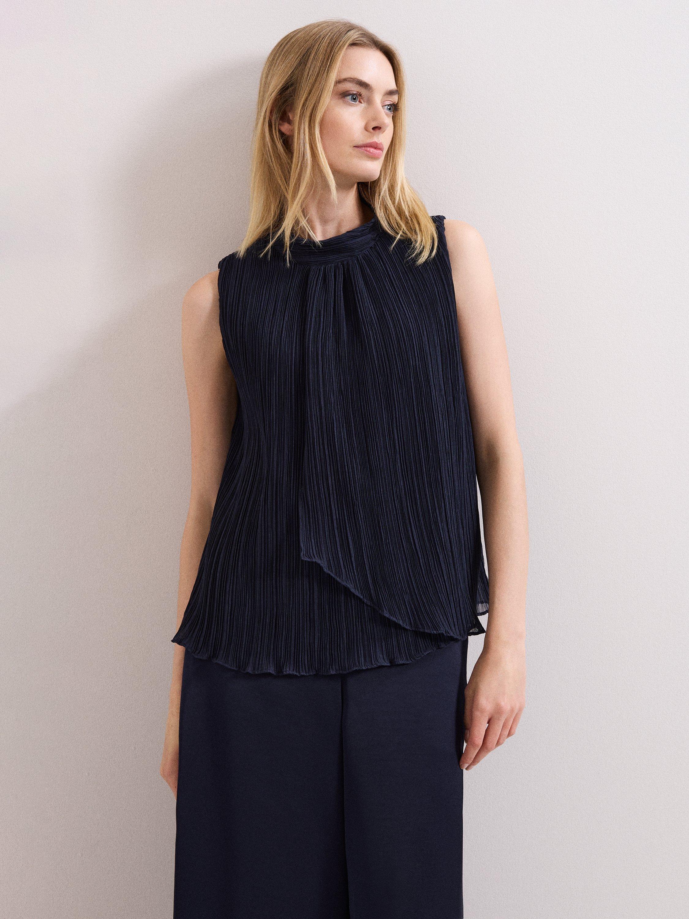 Product image 1 of 8, which shows Phase Eight Senga Plisse Sleeveless Top, Navy, 8