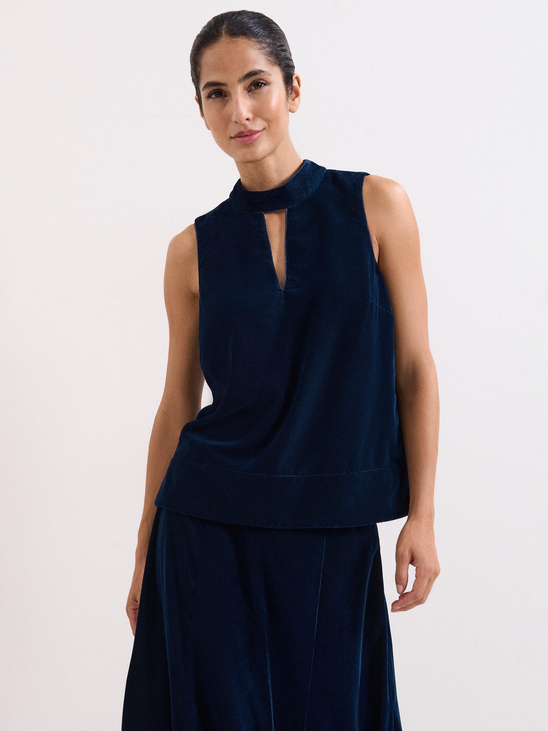 Product image 1 of 10, which shows Phase Eight Eilish Sleeveless Halter Neck Blouse, Navy, 8