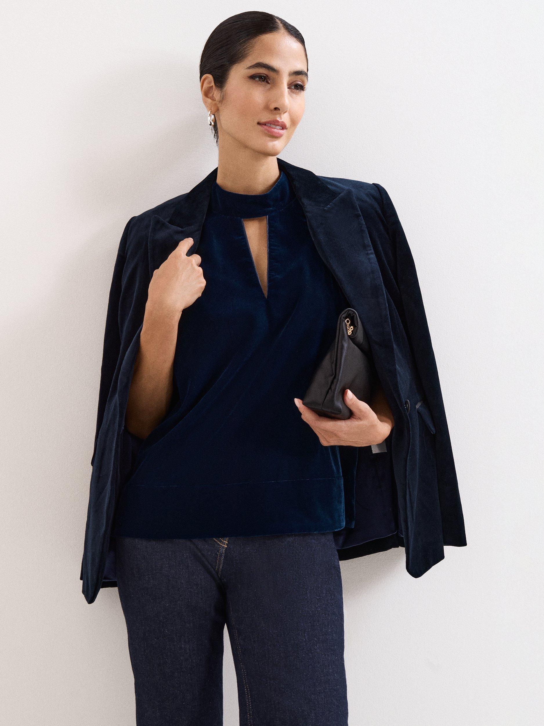 Product image 10 of 10, which shows Phase Eight Eilish Sleeveless Halter Neck Blouse, Navy, 8