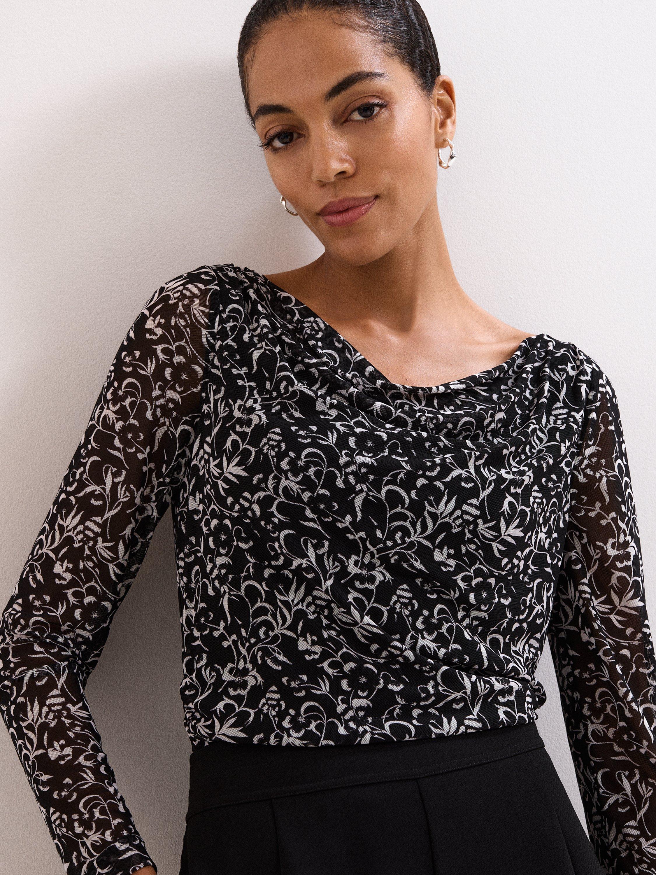 Product image 1 of 8, which shows Phase Eight Tammy Long Sleeve Cowl Neck Blouse, Black/Ivory, 8