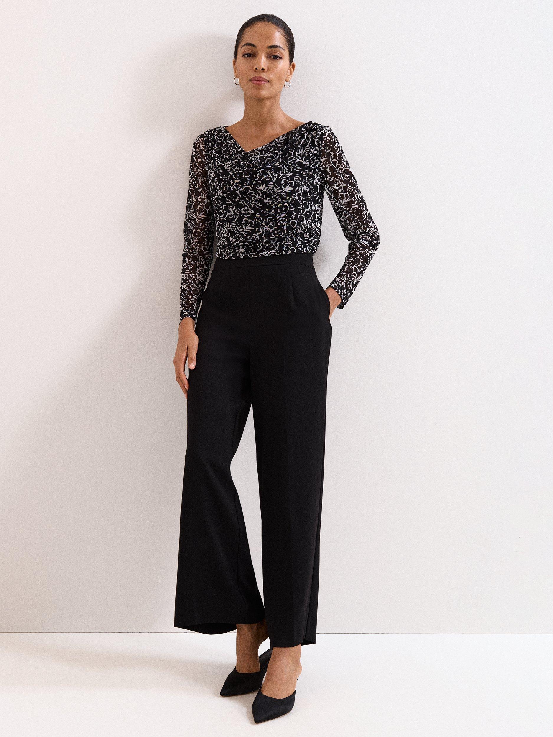 Product image 3 of 8, which shows Phase Eight Tammy Long Sleeve Cowl Neck Blouse, Black/Ivory, 8