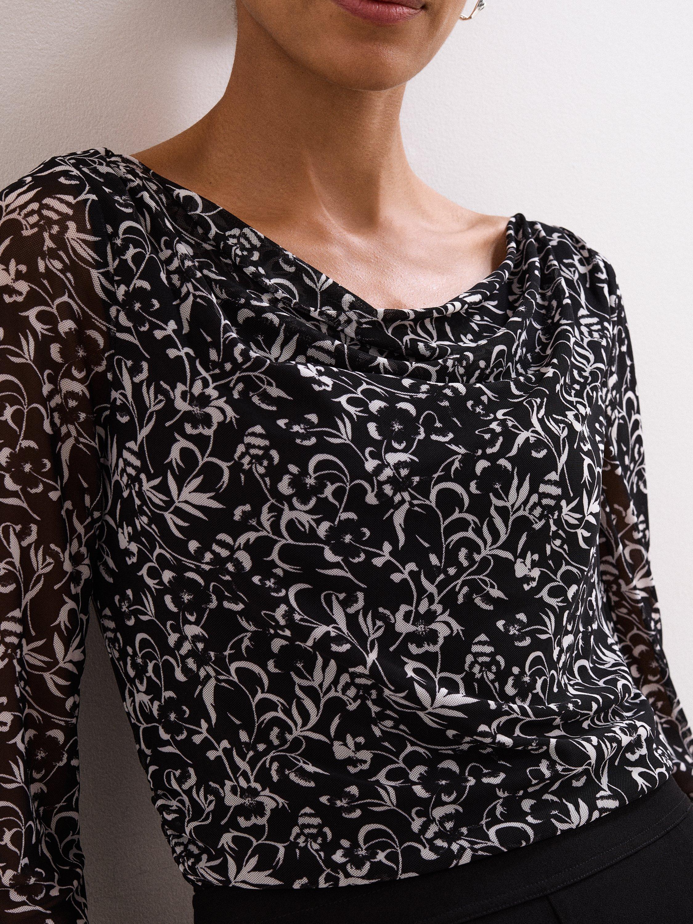 Product image 4 of 8, which shows Phase Eight Tammy Long Sleeve Cowl Neck Blouse, Black/Ivory, 8